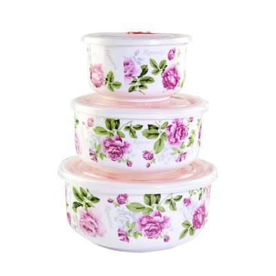 3pcs flower design ceramic chinese bowl set microwave bowl set with cover